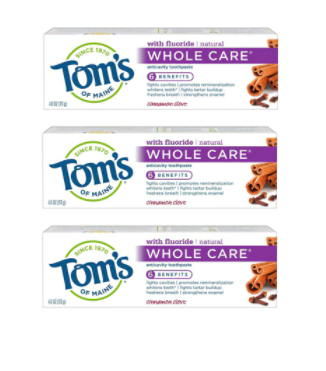 Tom's of Maine Whole Care Anticavity Toothpaste 4oz Each Pack of 3