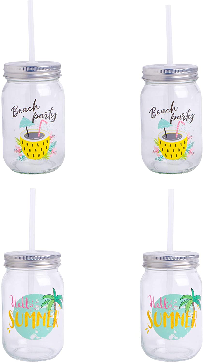 Home Essentials Mason Jars with Straws Set of 4, Multicolor