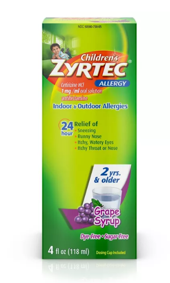 Childrens Zyrtec 24 Hour Allergy Relief Syrup Grape Cetirizine